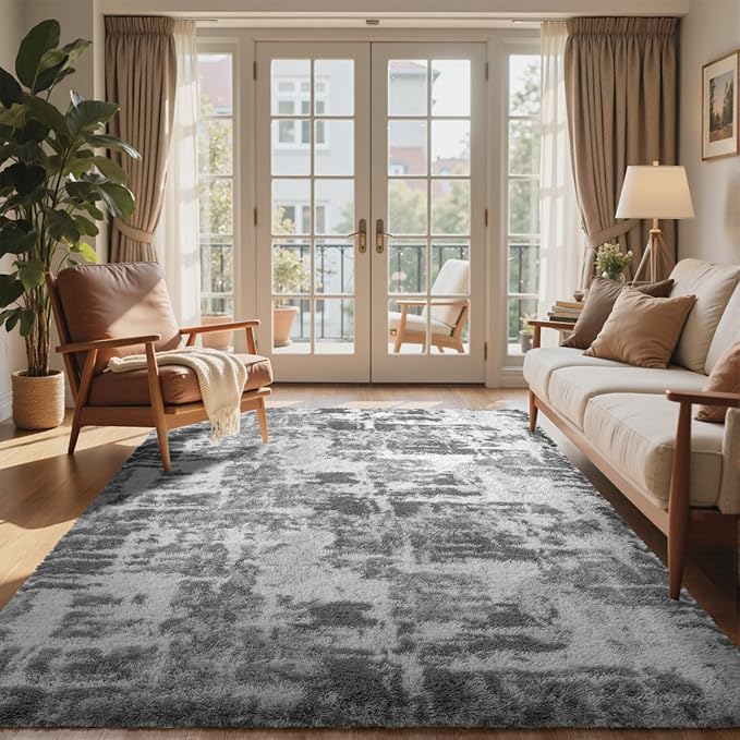 6x9 Ft Large Shag Rugs for Living Room Decor, Tie-Dyed Ultra Soft Fluffy Furry Area Rugs for Bedroom Indoor Floor, Aesthetic Carpet for Kids Home (Grey)