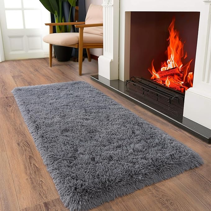 Ultra Soft Runner Rugs for Bedroom Hallways with Upgraded Non-Slip Rubber Backing & Thick Memory Sponge, 2x4 Feet Fluffy Shag Throw Area Rug for Bedside Dorm Dark Grey