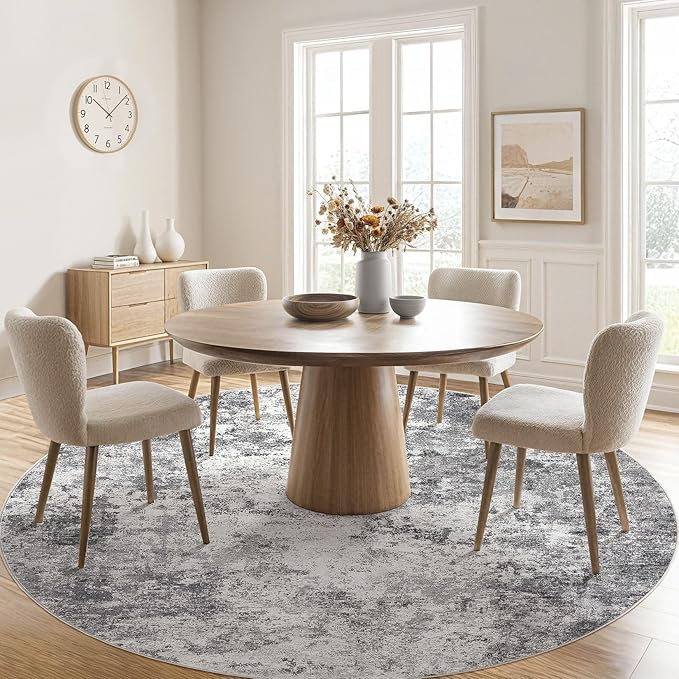 UERMEI 10ft Round Area Rug Living Room Rugs - 10x10 Washable Large Neutral Modern Abstract Soft Thin Rug Indoor Floor No Slip Rug Carpet for Bedroom Under Dining Table Home Office Decor - Grey