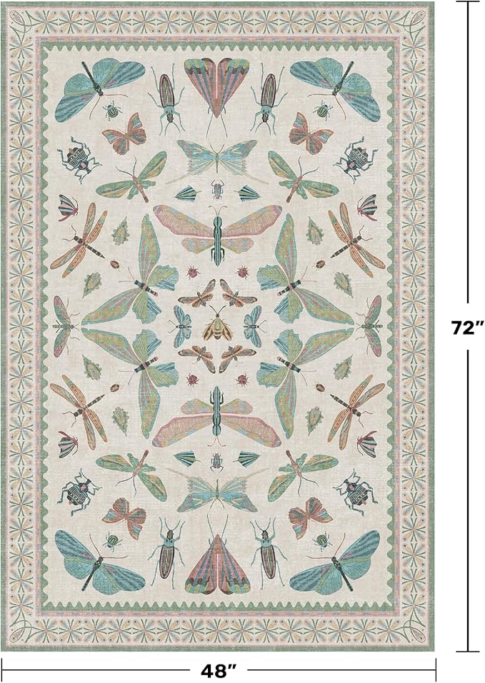 Light Blue and Pink Rug 4x6 Rugs for Bedroom Under Bed - Insect Print Multi Color Decor, Low Pile Non Slip Stain Resistant Throw Rug for Nursery Room Boys, Kitchen, Floor Carpet Aesthetic