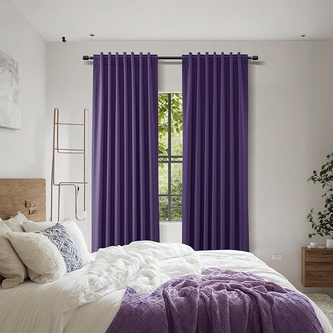 Guken 100% Blackout Curtains 102 Inch Length 2 Panels Set for Living Room Bedroom Back Tab Thermal Insulated Black Out Linen Drapes Room Darkening New Purple,52x102