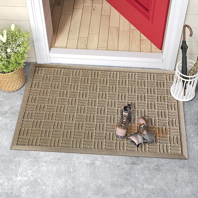 Mibao Front Door Mat Indoor Outdoor Entrance, Dirt Trapping Waterproof All-Season, All-Weather Doormat, Non-Slip Durable Natural Rubber Low Profile Easy Clean Patio Entrance Mat, 61.5" x 36", Beige