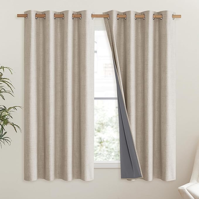 NICETOWN Oatmeal Linen Complete Blackout Curtains 48 inches for Kids Room, 2 Panels, Thermal Insulated & Noise Reducing Window Draperies with Grey Liner, Noise Reducing Short Drapes
