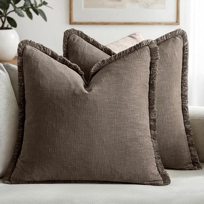 MIULEE Decorative Throw Pillow Covers Neutral Linen Fringe Throw Pillows Euro Shams Set of 2 Natural Coffee Boho Farmhouse Cushion Covers for Couch Sofa Bed Living Room Spring Home Decor 22x22 Inch