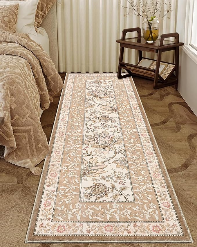 GarveeHome Provence 2x6 Washable Kitchen Runner Rugs Non Slip Vintage Boho Cottage Long Rug for Hallways Bedroom Entryway Bathroom Mat with Rubber Back Pinkish Brown