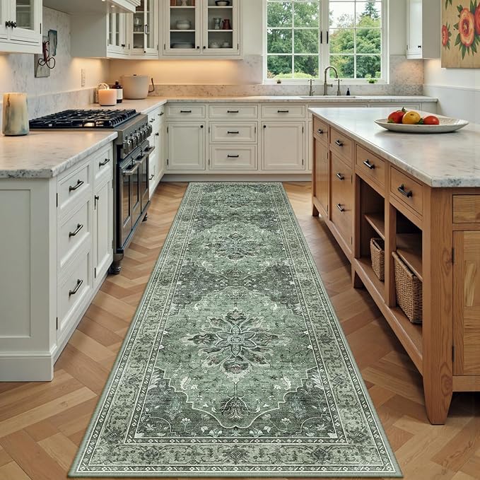 Area Rugs 2'x7' Runner Rug Non Slip Washable for Kitchen Hallway Bedroom Beside Laundry Room Bathroom Rug, Floor Carpet, Dark Green Gray