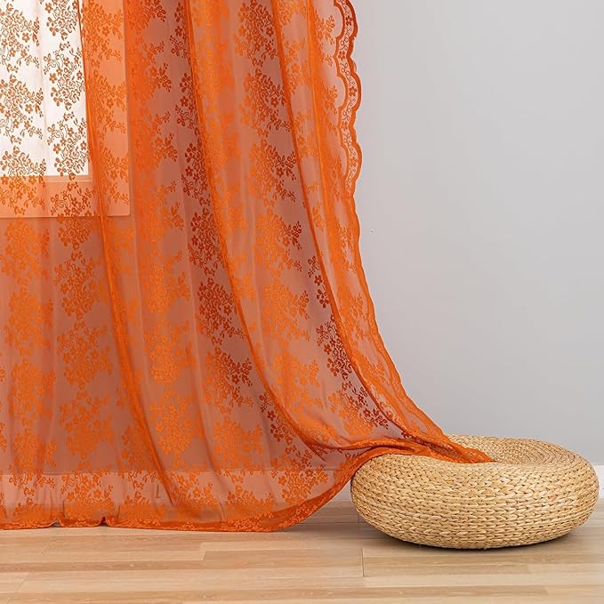 YJ YANJUN Vintage Lace Curtains 45 Inch Length- Burtnt Orange Fall Kitchen Curtains for Small Window Privacy Rustic Floral Short Boho Sheer Panels for Bathroom Living Room RV 2 Panels 52x45 Orange