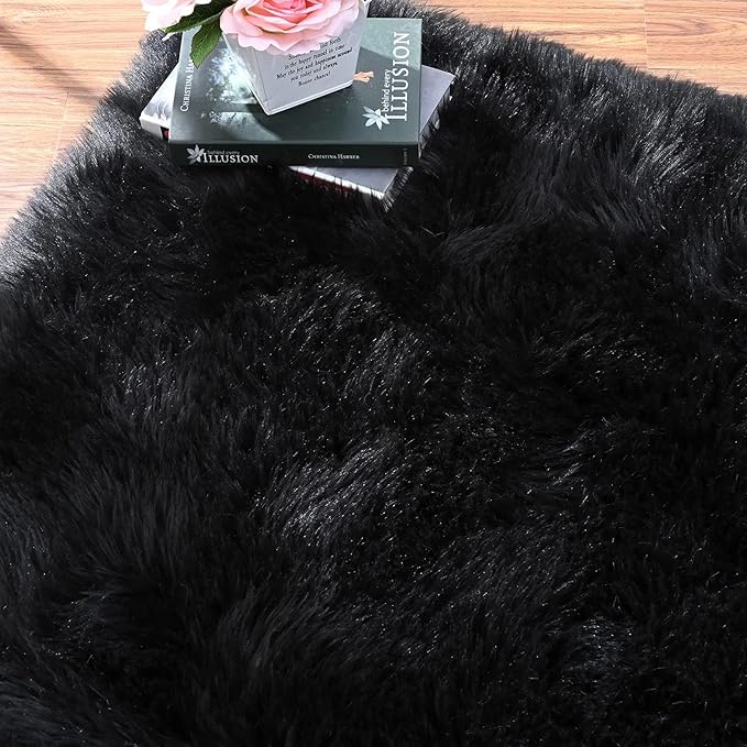 ORINOVA Washable 6x9 Area Rugs for Living Room Black Fuzzy Faux Sheepskin Shag Fur Rug for Bedroom Nursery Rectangle Rug Home Décor