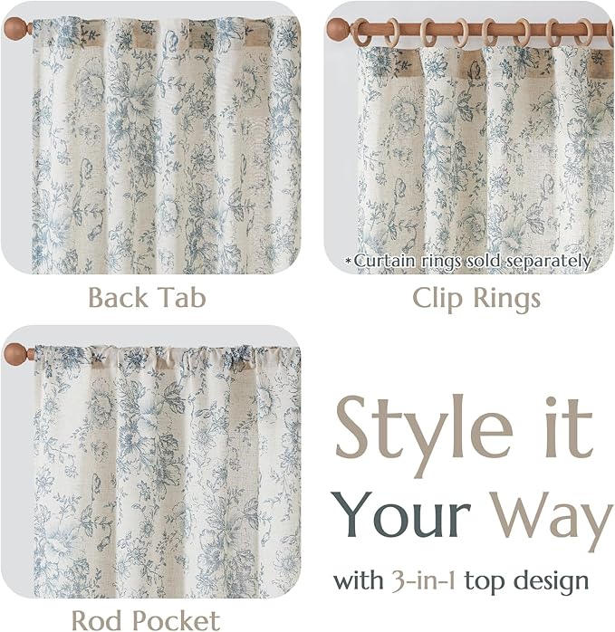 jinchan Linen Floral Curtains 63 Inch Length for Living Room Bedroom Light Filtering Farmhouse Peony Flower Drapes Rustic Window Curtain Set Rod Pocket Back Tab 2 Panels Blue