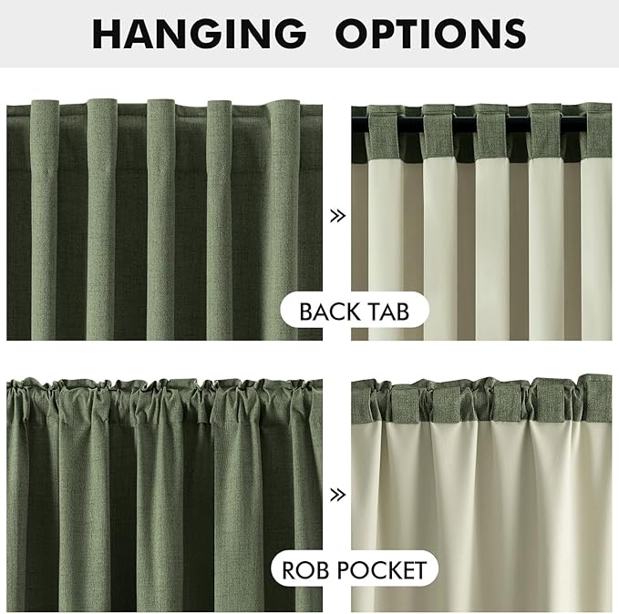 MIULEE 100% Blackout Linen Curtains for Bedroom, Olive Green Solid Luxury Decor Thermal Insulation Room Darkening Drapes for Living Room Nursery Back Tab Rod Pocket 42 x 90 Inches, 2 Panels