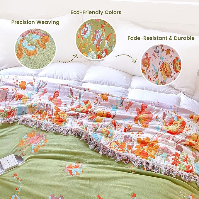 MSGKV Boho Throw Blanket 60"x80" Floral 100% Cotton Blanket with Flower and Butterfly for Bed Couch Spring Breathable Lightweight Farmhouse Twin Blankets Home Decor Muslin