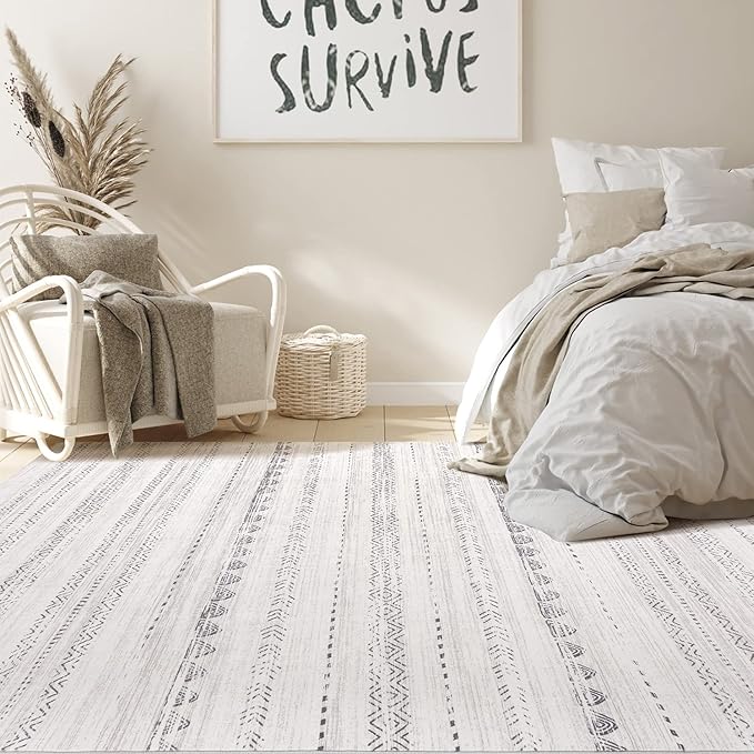 Nakagishi Area Rugs 9x12 Living Room: Washable Boho Large Neutral Modern Soft Farmhouse Rug Stain Resistant Indoor Non-Slip Accent Carpet for Bedroom Nursery Kids Playroom Office Dining Room- Gray