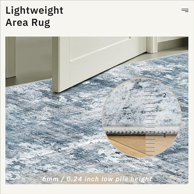 7x9 Area Rug for Living Room Washable Abstract Vintage Soft Thin Indoor Floor Non-Slip Carpet for Bedroom Dining Room Blue Grey