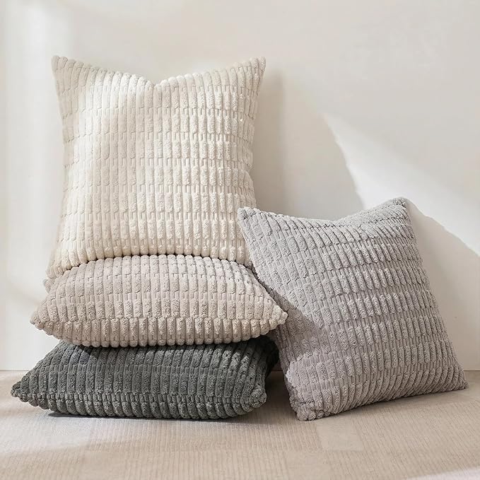Fancy Homi Set of 4 Grey and White Decorative Throw Pillow Covers 18x18 Inch for Couch Bed Chair, Modern Farmhouse Boho Room Decor, Soft Fuzzy Double Sided Corduroy Textured Striped Cushion Case 45cm