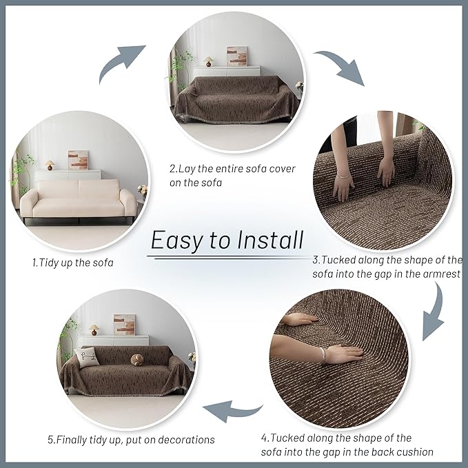 MYSKY HOME Boho Couch Cover Deep Chocolate Sofa Covers with Tassel Farmhouse Sofa Slipcover Simple Couch Protector for Dogs Chenille Sectional Couch Covers L Shaped Couch Cushion Covers, 71"x 134"