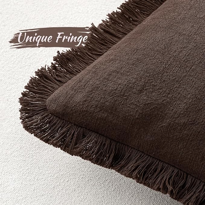MIULEE Decorative Throw Pillow Covers Neutral Linen Fringe Throw Pillows Euro Shams Set of 2 Dark Brown Boho Farmhouse Cushion Covers for Couch Sofa Bed Living Room Spring Home Decor 24x24 Inch