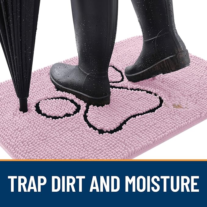 OLANLY Dog Door Mat for Muddy Paws 30x20, Paw Print Design, Absorbs Moisture and Dirt, Non-Slip Washable Doormat, Quick Dry Chenille Mud Mat for Dogs, Entry Indoor Entryway Carpet, Dusty Rose