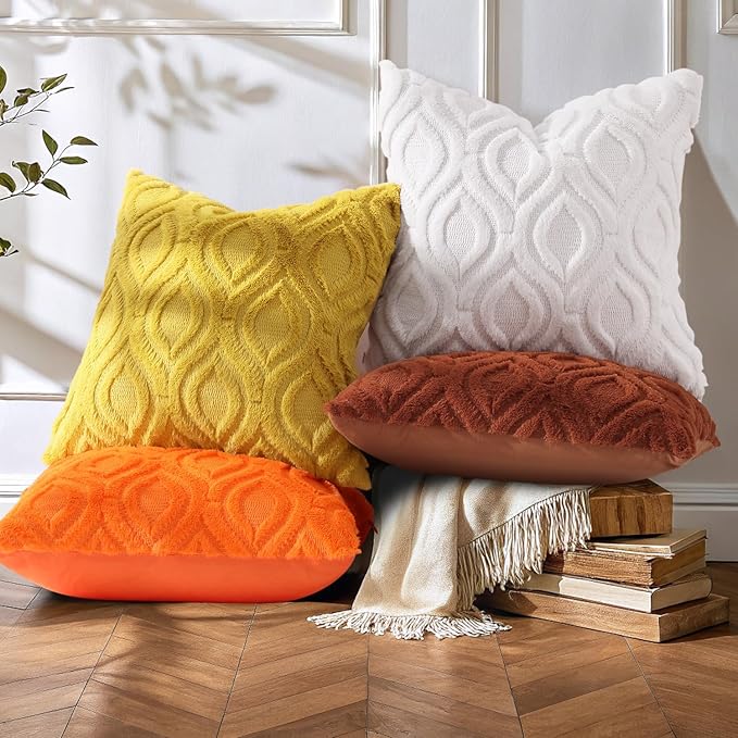 decorUhome Summer Throw Pillow Covers 26x26 Inch Set of 2, Soft Plush Faux Wool Mustard Yellow Solid Couch Pillow Covers, Accent Euro Sham Farmhouse Square Pillow Cases for Sofa Bed Living Room