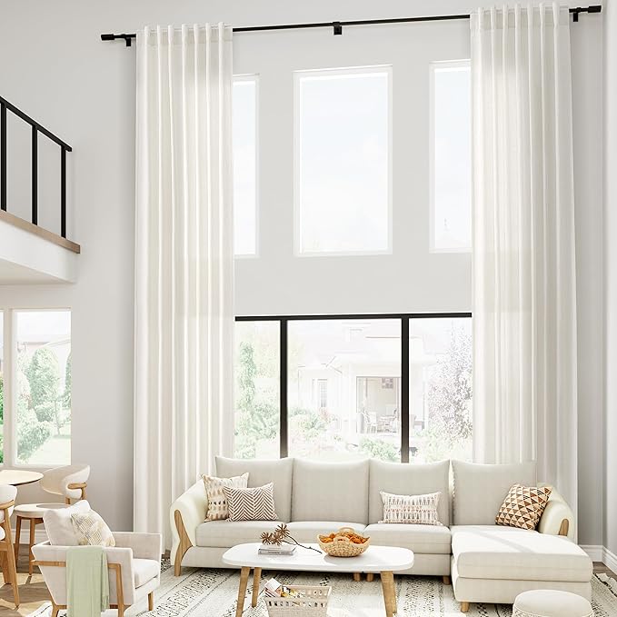Linen Cream Curtains 228 Inch Extra Long for Living Room Back Tab Light Filtering Semi Sheer Drapes Modern Farmhouse Coastal Decor Cotton Textured Curtain for Floor to Ceiling Window 52x228