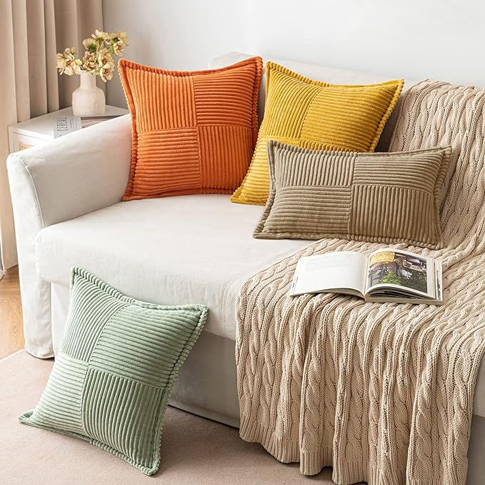MIULEE Decorative Throw Pillow Covers for Couch Bed Livingroom 12x12 Inch Set of 2 Khaki Boho Accent Throw Pllows Broadside Striped Patchwork Soft Corduroy Pillowcases
