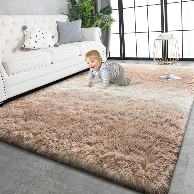 TWINNIS Super Soft Shaggy Rugs Fluffy Carpets, 6x9 Feet, Indoor Modern Plush Area Rugs for Living Room Bedroom Kids Room Nursery Home Decor, Upgrade Anti-Skid Rectangular Fuzzy Rug, Tan White