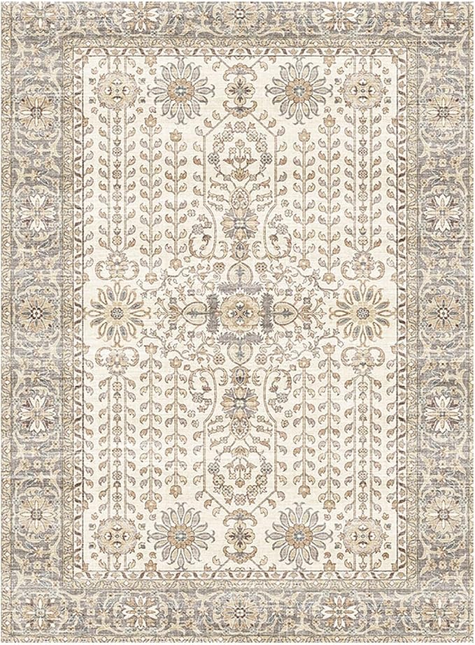 7x9 Area Rugs for Living Room,Thin Washable Rug, Non-Slip Foldable Area Rug for Bedroom, Dining Room, Home Office, Cream