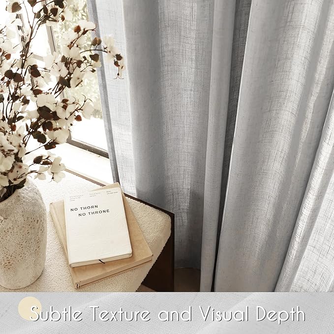 Linen Blend Grey Curtains for Living Room Back Tab Modern Farmhouse Semi Sheer Light Gray Curtains 108 inches Long 2 Panels Set Muted Neutral Cotton Texture Window Curtain for Dining Room Bedroom