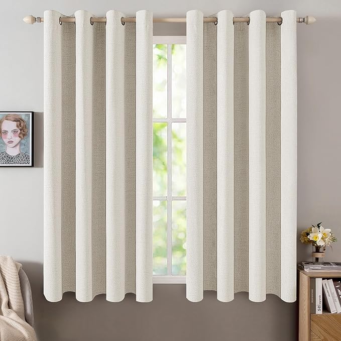 MIULEE Linen Texture Curtains for Bedroom Solid 100% Blackout Thermal Insulated Linen Beige Curtains Grommet Room Darkening Drapes for Living Room Nursery 52x54 Inch (2 Panels)