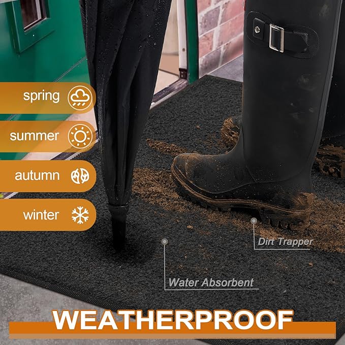 Mibao Dirt Trapper Door Mat for Indoor Outdoor, Waterproof All-Season, All-Weather Doormat, Heavy Duty Non-Slip Entrance Rug, Low Profile Absorbent Entrance Mat Carpet, 36" x 24", Black