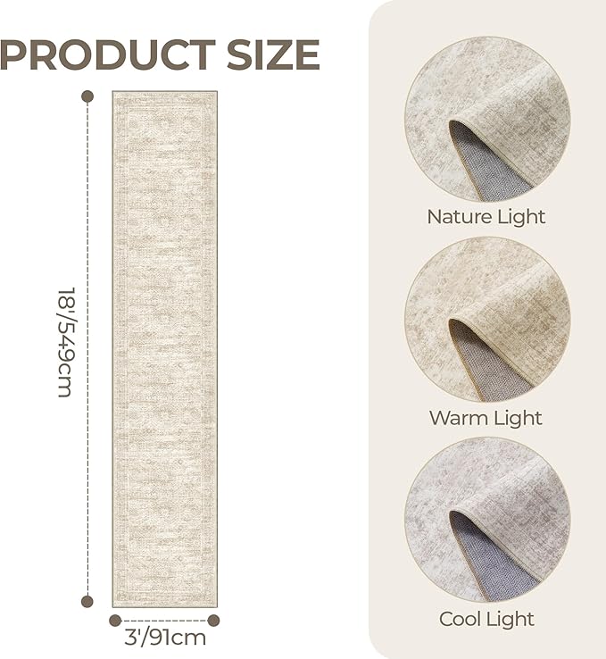 3x18 Washable Runner Rug for Hallway, Non-Slip Long Hallway Runner for Entryway, Soft Vintage Kitchen Mats for Floor, Abstract Dining Room, Bedroom, Living Room Rugs(3'x18', Beige/Ivory)