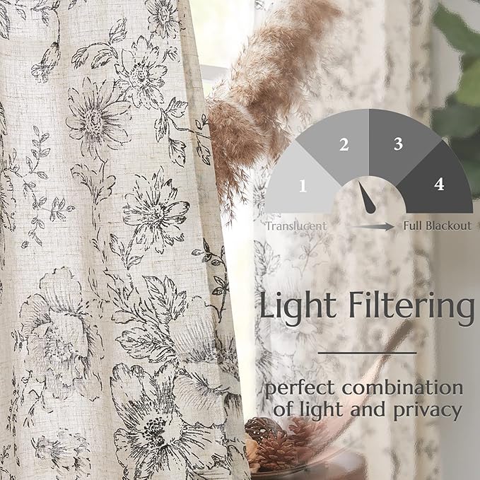 jinchan Linen Blend Curtain Floral Curtains for Living Room 96 Inch Length Black Printed Curtain Rod Pocket Back Tab Farmhouse Peony Flower Patterned Drapes Bedroom Window Curtains Set 2 Panels