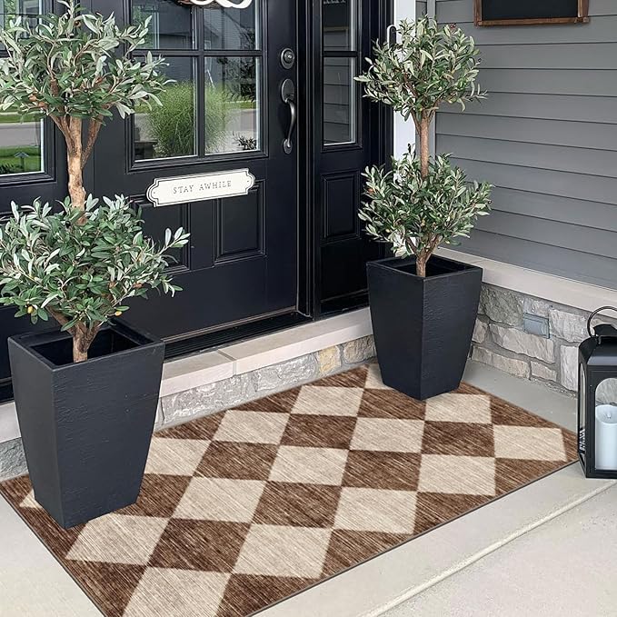 Front Door Mat Indoor Entrance - 2x4.3 Ft Brown Beige Non-Slip Washable Outdoor Porch Rug Doormats Geometric Checkered Diamond Runner Rug for Front Door Kitchen Hallway Bedroom Laundry Room