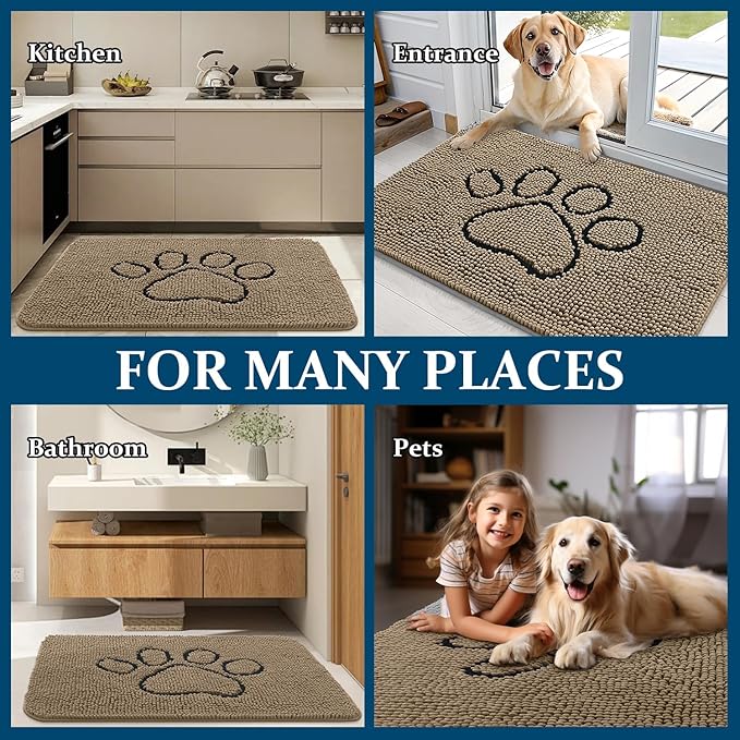 OLANLY Dog Door Mat for Muddy Paws 70x24, Paw Print Design, Absorbs Moisture and Dirt, Absorbent Non-Slip Washable Doormat, Quick Dry Chenille Mud Mat for Dogs, Entry Indoor Entryway Carpet, Tan