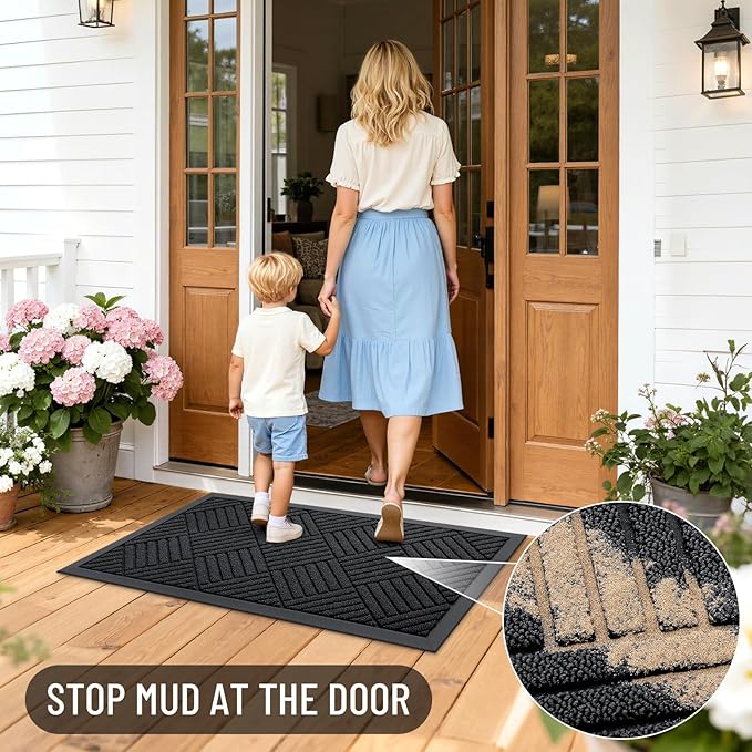 OLANLY Front Door Mat Outside Entrance 47x17, Absorbent, Heavy Duty Sturdy Natural Rubber Doormat Indoor Outdoor, Stain and Fade Resistant, Non-Slip Low Profile Floor Mat for Entryway, Black Diamond