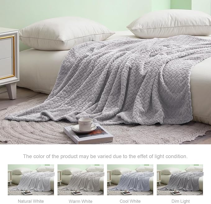 Exclusivo Mezcla Fleece Throw Blanket for Couch and Bed, 50x70 Inches Soft Cozy Jacquard Flannel Blankets, Lightweight Fuzzy Plush Warm Throws for Women, Light Grey