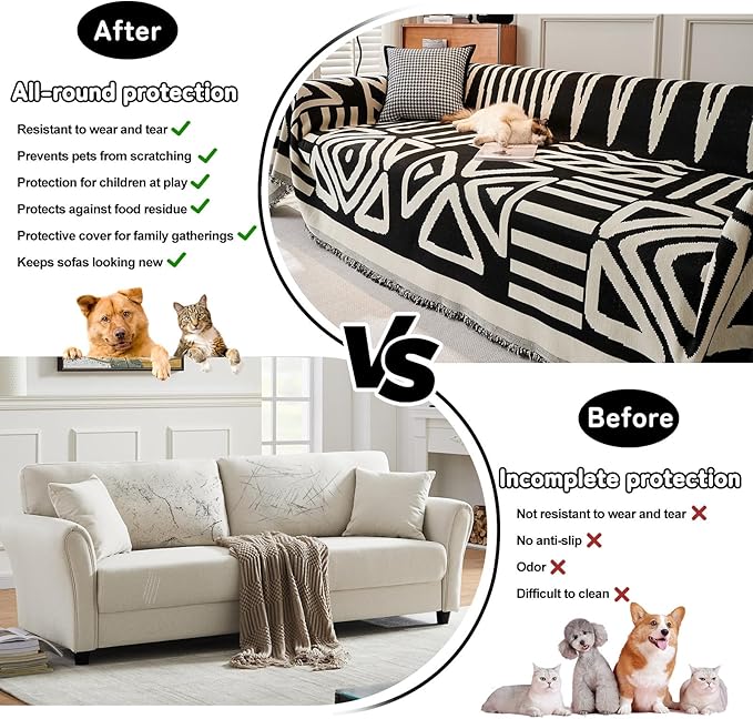 HANDONTIME Boho Sofa Covers for Dogs Black Couch Sofa Covers for 3 Cushion Couch Sofa Beige Chenille Sofa Slipcover Washable Sectional l Shaped Covers Pets Protector Furniture Covers, 91" X150"