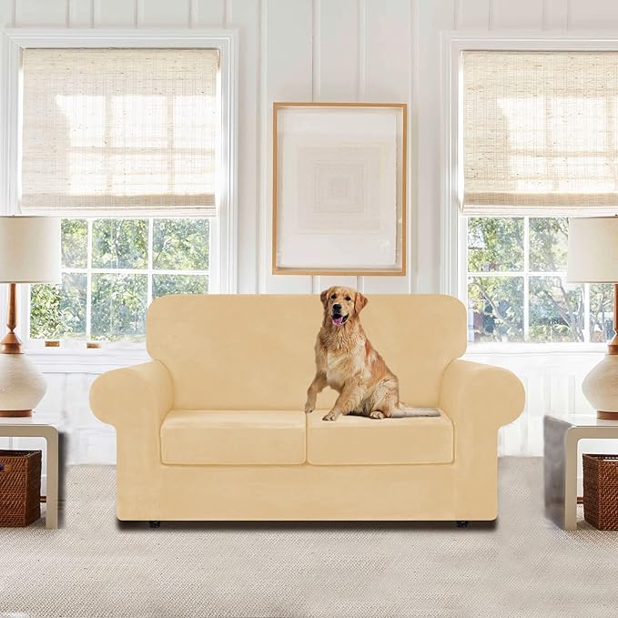 WEERRW Velvet Couch Covers for 2 Cushion Couch Sofa - High Stretch Luxury Velvet Plush 3 Pieces Sofa Slipcovers with Elastic Bottom, Furniture Protector for Pets, Machine Washable, Champagne, Medium