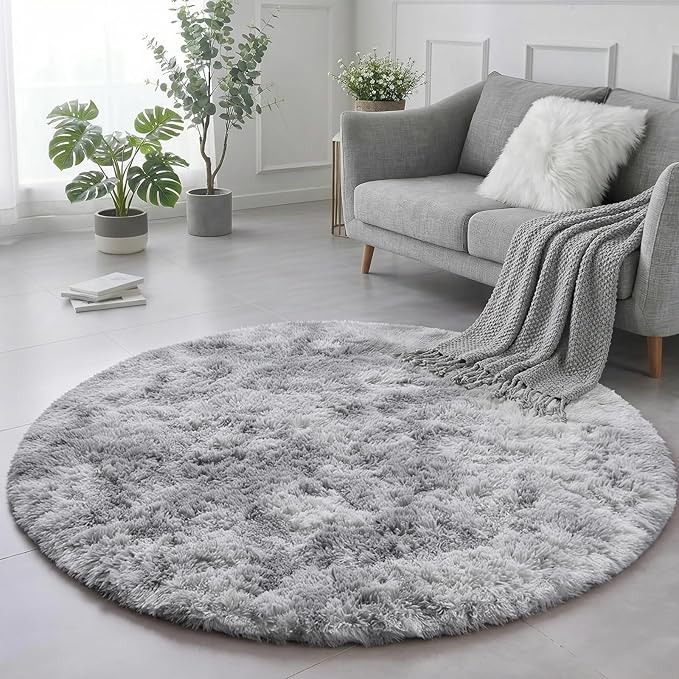 Amdrebio Tie-Dyed Light Grey Round Area Rugs for Living Room, 6x6 Ft, Soft Large Circle Rugs for Bedroom, Big Shag Fluffy Fuzzy Carpet for Kids Room, Modern Floor Circular Rug, Furry Farmhouse Rug