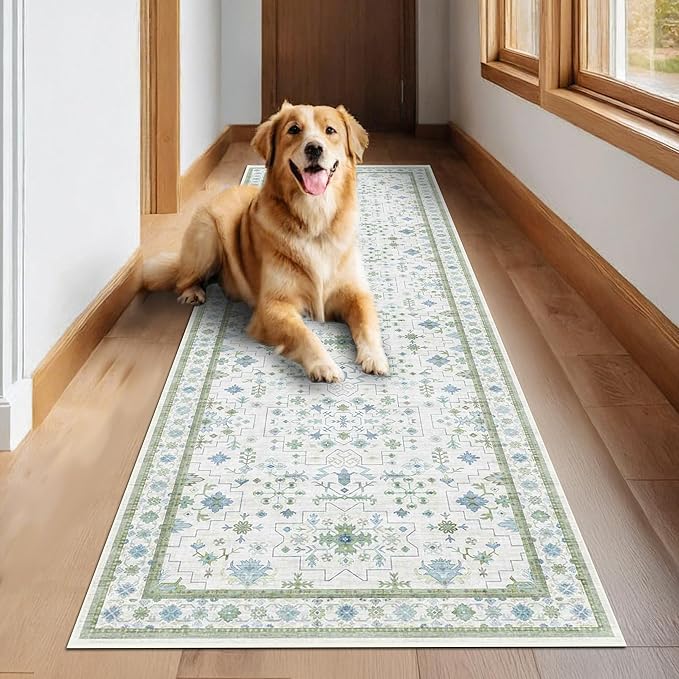 Hazo Haus Oushak 3x20 Wide Hallway Runner Rug - Vintage Turkish Floral, Washable Low Pile Non Slip 20ft Extra Long Runners for Large Kitchen, Hall Way - Blue and Green Décor