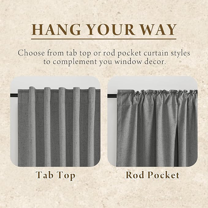 RYB HOME Grey Linen Blackout Curtains for Sliding Glass Door, 100% Blackout Linen Textured Thermal Privacy Modern Drape Panels for Dining Room Large Window, 52" W x 90" L, 2 Panels Set