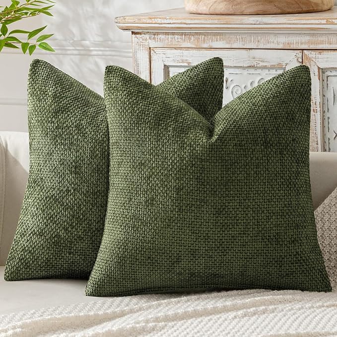MIULEE Pack of 2 Couch Throw Pillow Covers 20x20 Inch Olive Green Modern Boho Accent Decorative Pillow Covers Soft Chenille Farmhouse Cushion Covers for Home Decor Bed Sofa Living Room