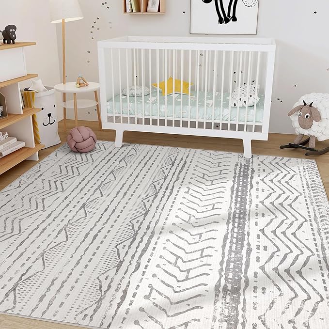Nakagishi 5x7 Area Rug Living Room: Machine Washable Boho Large Neutral Farmhouse Stain Resistant Indoor Floor Rugs Moroccan Carpet for Bedroom Nursery Dorm Classroom Playroom Dining Room- Grey White