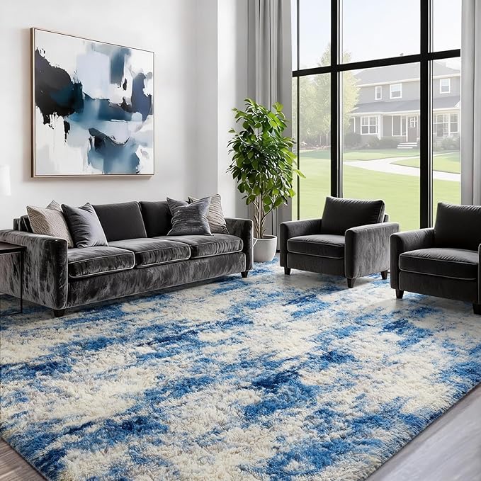 Ophanie Blue White and Grey Area Rugs for Living Room 8x10, Fluffy Shag Large Fuzzy Plush Soft Carpets, Floor Shaggy Rugs for Bedroom, Carpet for Kids Boys Girls Dorm Nursery Home Decor Aesthetic