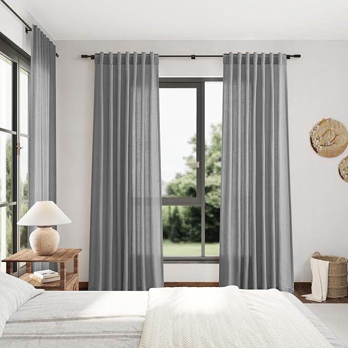 Dark Grey Linen Curtains 90 Inch Length 2 Panel Set for Living Room Light Filtering Elegant Farmhouse Curtain Rod Pocket Back Tab Window Drapes 90 Inches Long for Dining Room Bedroom Nursery 52x90