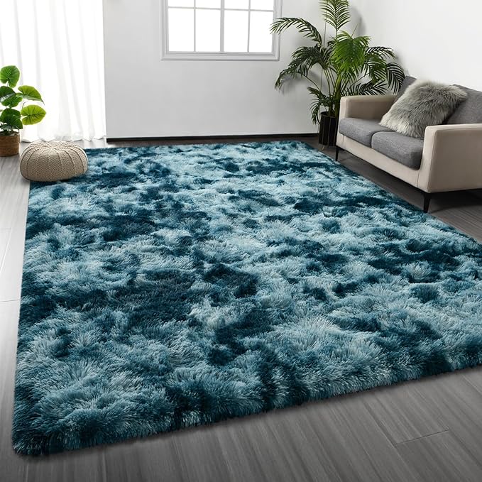 Deerhoo Large Shag Area Rugs 6 x 9, Tie-Dyed Plush Fuzzy Rugs for Living Room, Ultra Soft Fluffy Furry Rug for Bedroom, Indoor Carpet Nursery Rugs for Kids Room Home Decor, Peacock Blue