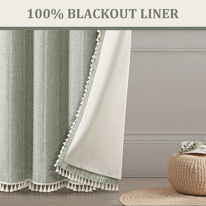 Boho Blackout Curtains 90 Inches Long Sage Green Linen Blend 2 Panels with Tassels and Cotton Embroidery, Farmhouse Vintage Rustic Rod Pocket Drapes for Living Room or Bedroom