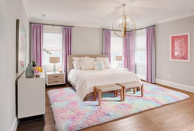ONASAR Rainbow Area Rugs for Girls Bedroom, 4x6 Fluffy Bedside Colorful Rug, Cute Soft Plush Shaggy Princess Fuzzy Indoor Floor Carpet for Nursery Kids Baby Teen Dorm Playroom Home Decor Aesthetic