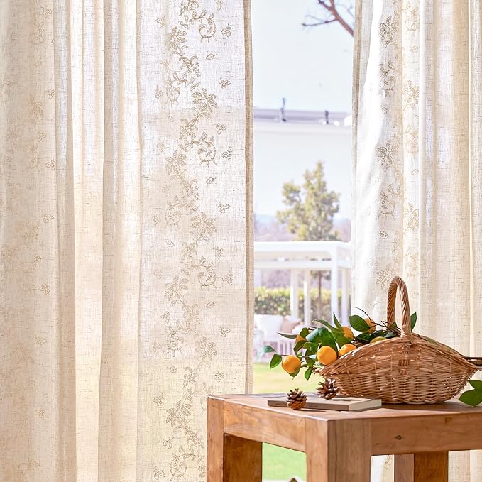 jinchan Evelyn Embroidered Linen Curtains 63 inch Floral Curtains for Living Room Bedroom Farmhouse Cottagecore Semi Sheer Light Filtering Window Drapes Rod Pocket Back Tab 2 Panels W50 x L63 Ivory