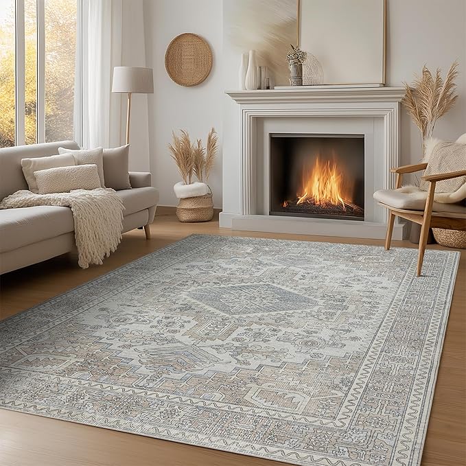 Machine Washable Rugs 5x7 Area Rugs for Living Room,Ultra Soft Low Pile Retro Rugs for Bedroom,Dining Room,Large Non Slip Carpet Vintage Distressed Accent Rug for Farmhouse Office Home Decor
