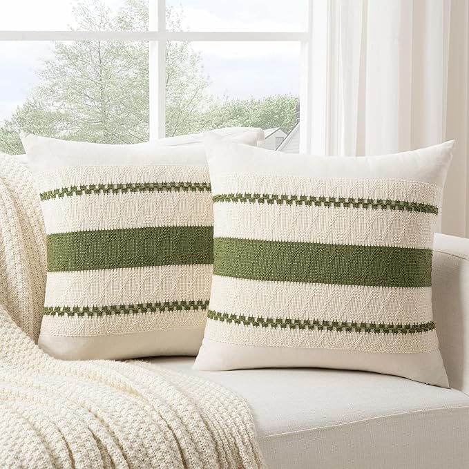 Fancy Homi Set of 1 Boho Moss Green Euro Decorative Throw Pillow Cover 26x26 Inch for Couch Bed Bedroom, Aesthetic Modern Organic Farmhouse Room Decor, Soft Cotton Accent Macrame Woven Cushion Case
